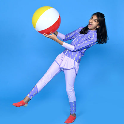 3 pcs Purple ThunderBolt Matching Top,leggings & Jacket style Swimwear set for Pre Teens & Teens with Free Washbag - Little