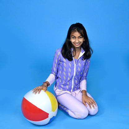 3 pcs Purple ThunderBolt Matching Top,leggings & Jacket style Swimwear set for Pre Teens & Teens with Free Washbag - Little