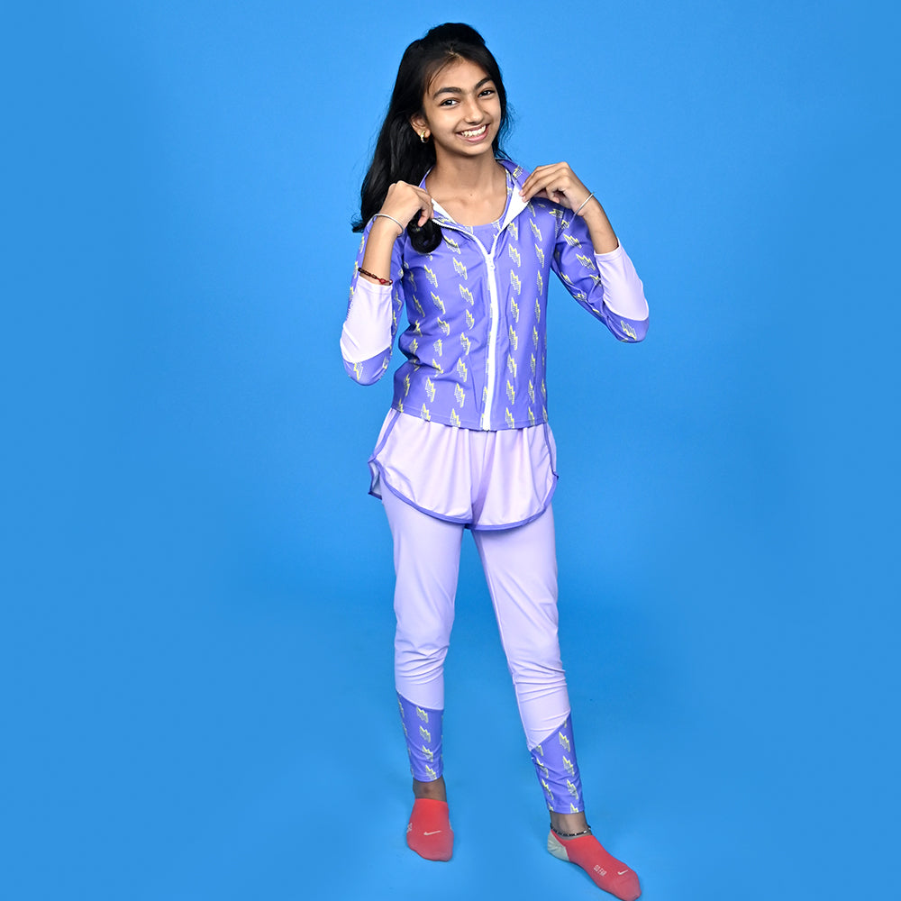 3 pcs Purple ThunderBolt Matching Top,leggings & Jacket style Swimwear set for Pre Teens & Teens with Free Washbag - Little