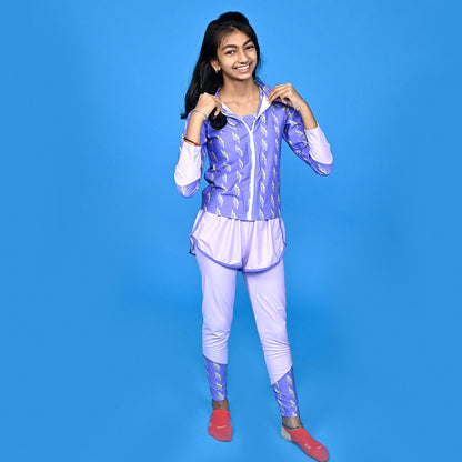 3 pcs Purple ThunderBolt Matching Top,leggings & Jacket style Swimwear set for Pre Teens & Teens with Free Washbag - Little