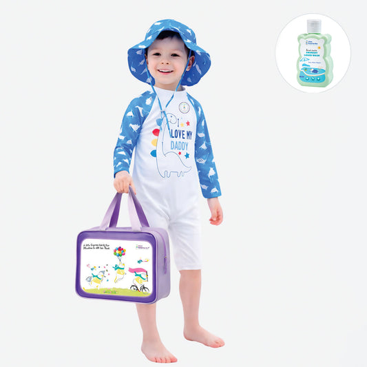 Blue Daddy Dino, Toddlers & Kids Swimwear with matching Hat, Free Wash Bag & Free Swim Detergent - Little Surprise Box