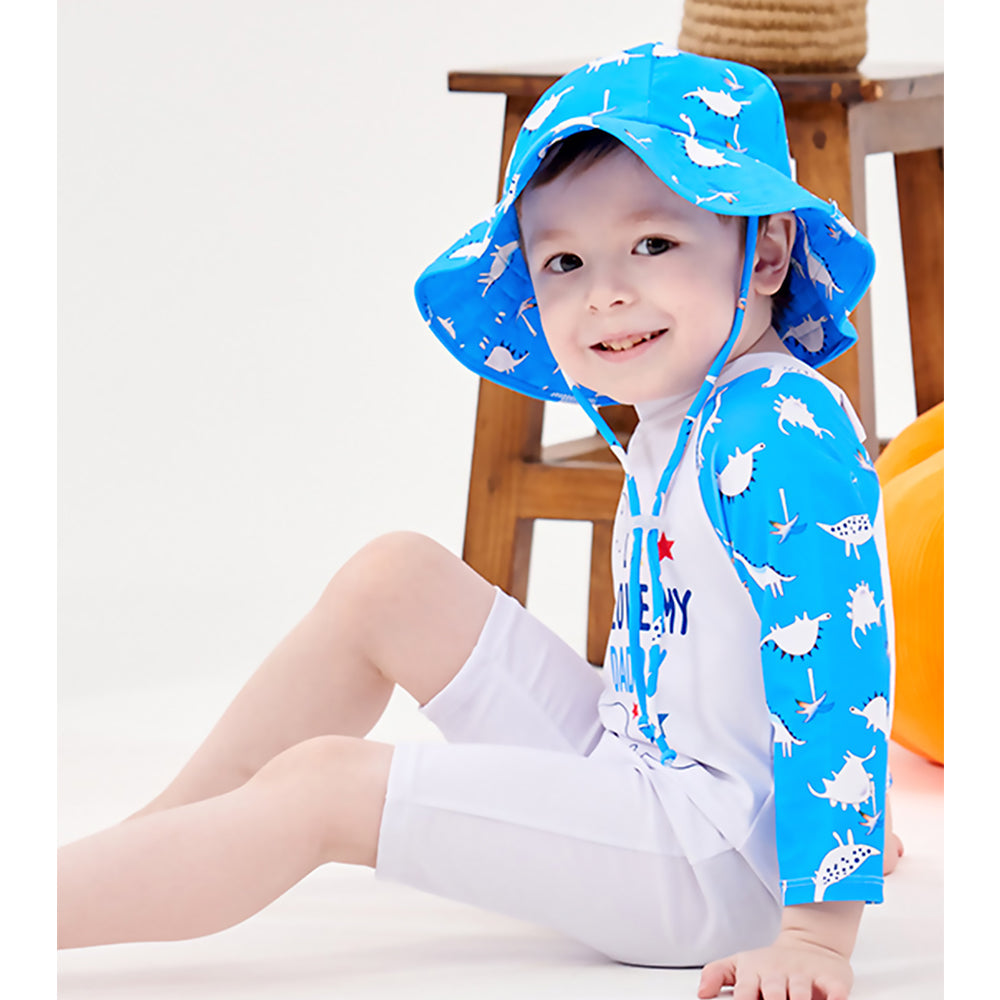 Blue Daddy Dino, Toddlers & Kids Swimwear with matching Hat, Free Wash Bag & Free Swim Detergent - Little Surprise Box