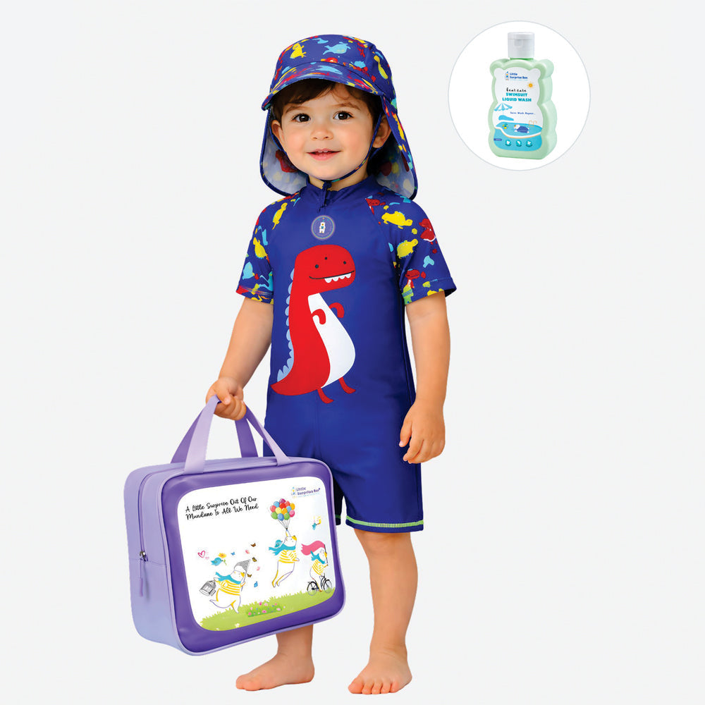 Blue Red Dino, Toddlers & Kids Swimwear with long Cap Free Wash Bag & Free Swim Detergent - Little Surprise Box