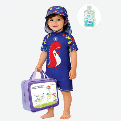 Blue Red Dino, Toddlers & Kids Swimwear with long Cap Free Wash Bag & Free Swim Detergent - Little Surprise Box
