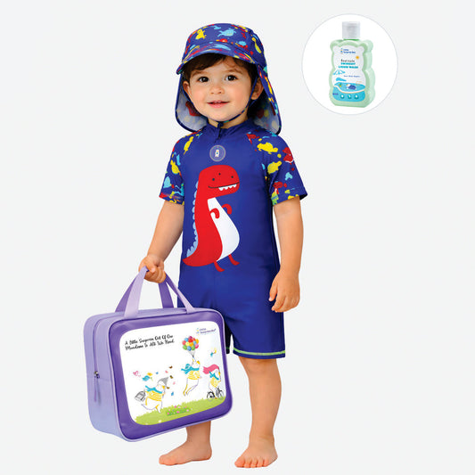 Blue Red Dino, Toddlers & Kids Swimwear with long Cap Free Wash Bag & Free Swim Detergent - Little Surprise Box