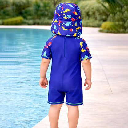 Blue Red Dino, Toddlers & Kids Swimwear with long Cap Free Wash Bag & Free Swim Detergent - Little Surprise Box