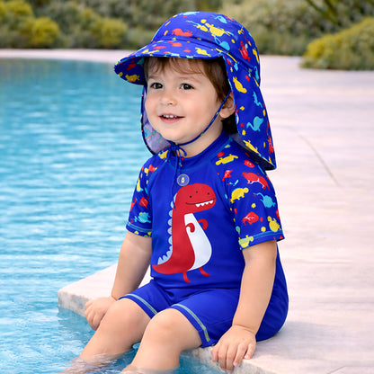 Blue Red Dino, Toddlers & Kids Swimwear with long Cap Free Wash Bag & Free Swim Detergent - Little Surprise Box