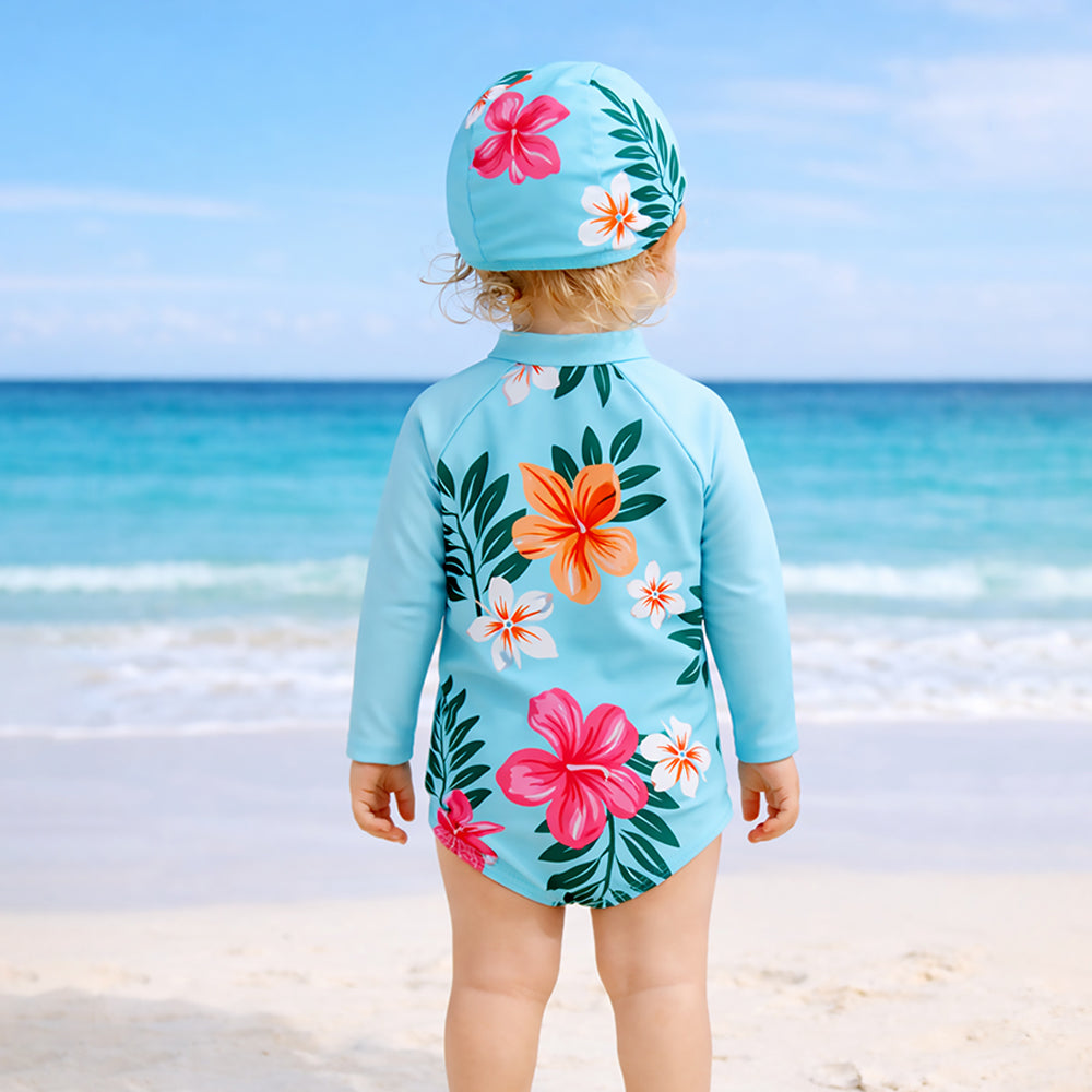 Blue Tropical Bloom, Toddlers & Kids Swimwear with matching Swim Cap, plus Free Wash Bag & Free Swim Detergent - Little