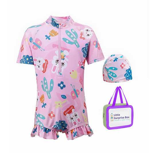 Pink Bunny Kids Swimwear UPF 50+ with matching Swim Cap & Free Washbag - Little Surprise Box