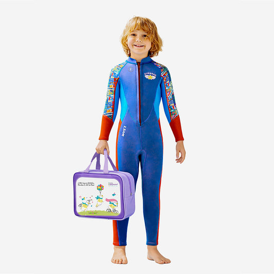 Dive Full Length, Cobalt & Red Stamp Printed Full Length 2.5mm Neoprene Kids Swimsuit with Free Washbag - Little Surprise Box