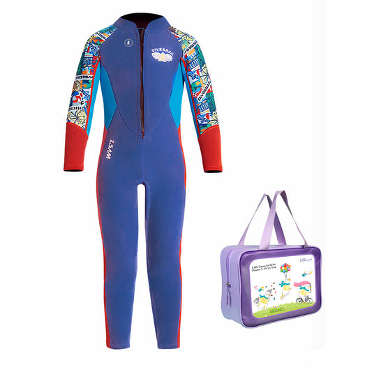 Dive Full Length, Cobalt & Red Stamp Printed Full Length 2.5mm Neoprene Kids Swimsuit with Free Washbag - Little Surprise Box