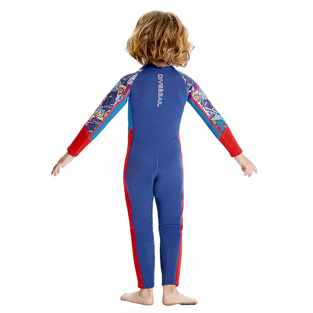 Dive Full Length, Cobalt & Red Stamp Printed Full Length 2.5mm Neoprene Kids Swimsuit with Free Washbag - Little Surprise Box