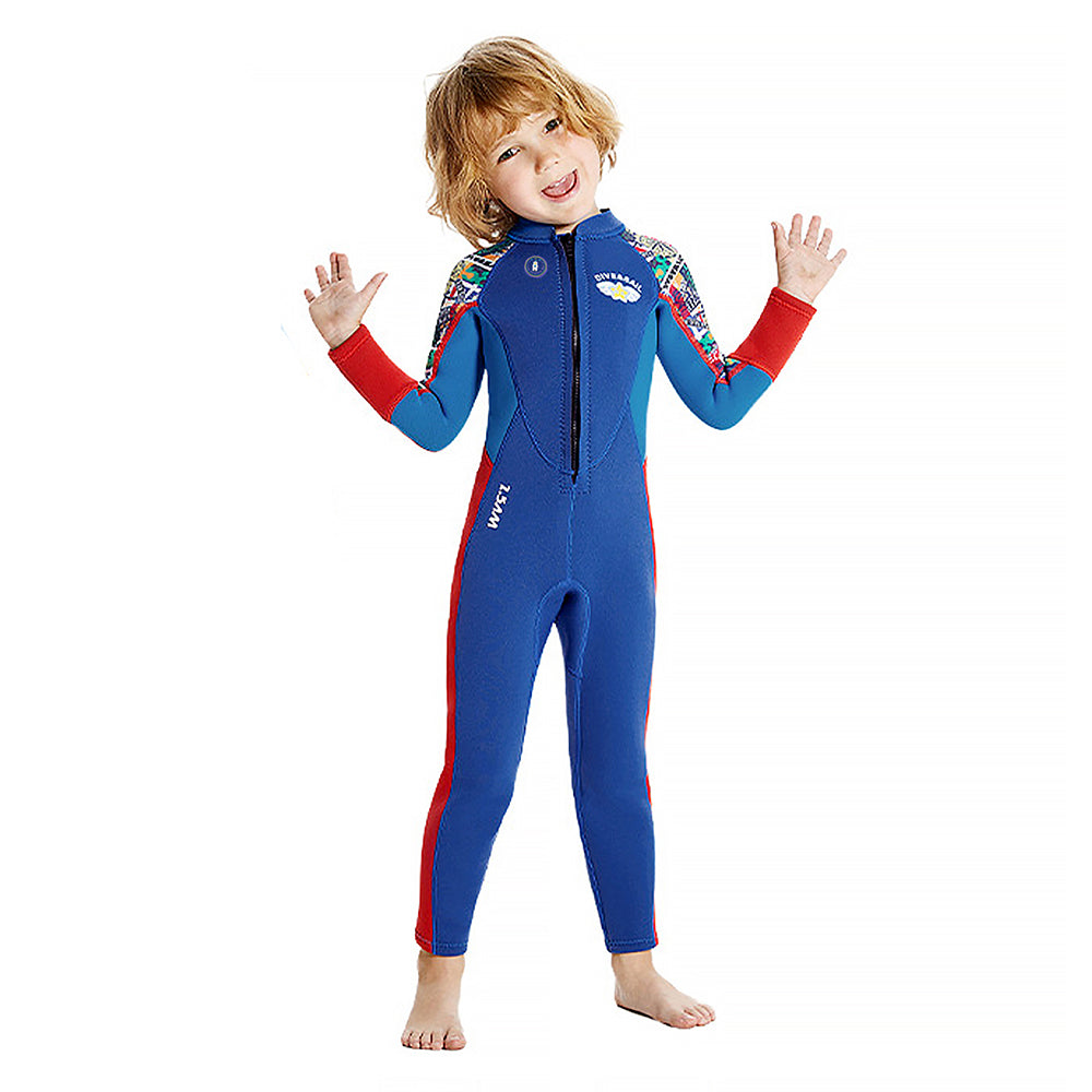 Dive Full Length, Cobalt & Red Stamp Printed Full Length 2.5mm Neoprene Kids Swimsuit with Free Washbag - Little Surprise Box