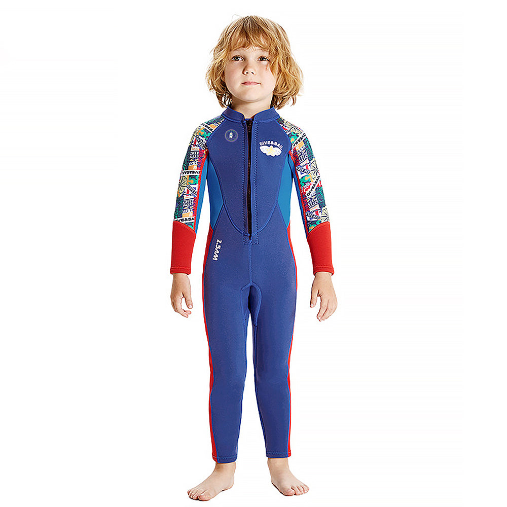 Dive Full Length, Cobalt & Red Stamp Printed Full Length 2.5mm Neoprene Kids Swimsuit with Free Washbag - Little Surprise Box