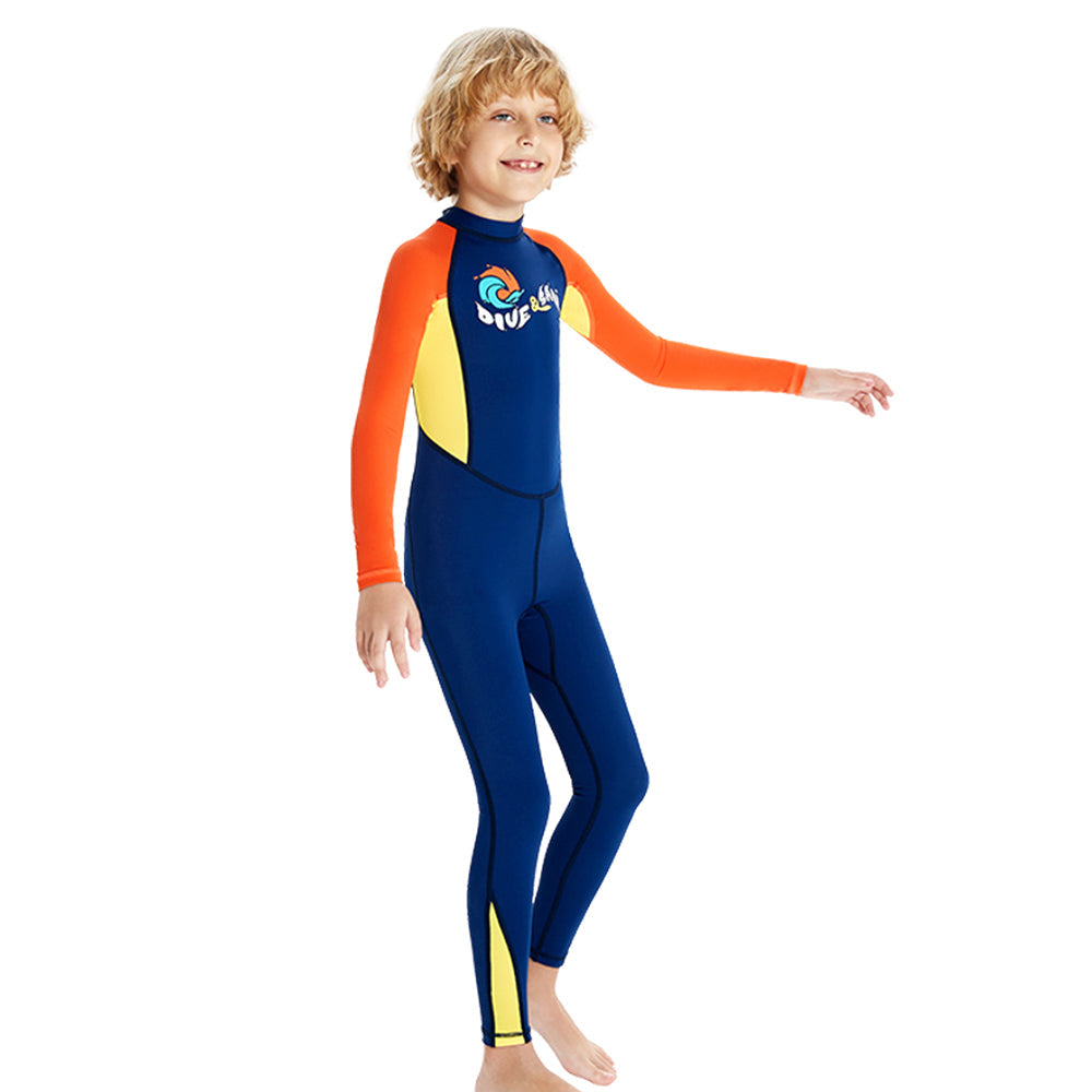 Full Length Dive Navy & Orange Printed Kids Swimwear In Upf 50+ Fabric with Free Washbag - Little Surprise Box