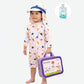 White Dotted Dino World, Toddlers & Kids Swimwear with long Cap Free Wash Bag & Free Swim Detergent - Little Surprise Box