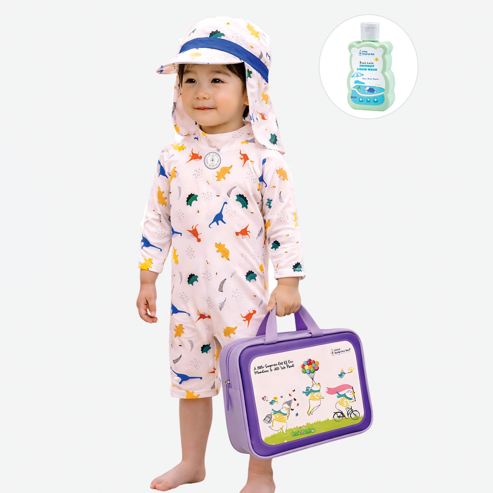 White Dotted Dino World, Toddlers & Kids Swimwear with long Cap Free Wash Bag & Free Swim Detergent - Little Surprise Box