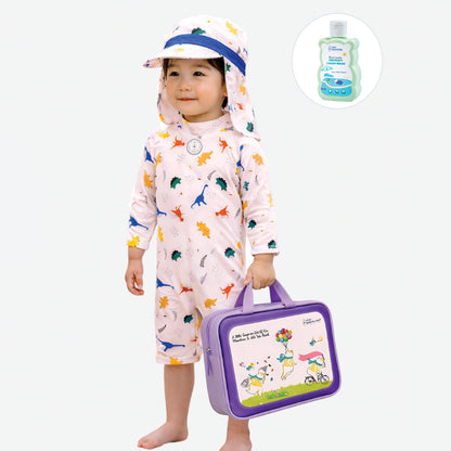 White Dotted Dino World, Toddlers & Kids Swimwear with long Cap Free Wash Bag & Free Swim Detergent - Little Surprise Box
