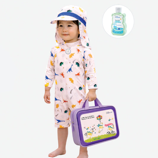 White Dotted Dino World, Toddlers & Kids Swimwear with long Cap Free Wash Bag & Free Swim Detergent - Little Surprise Box