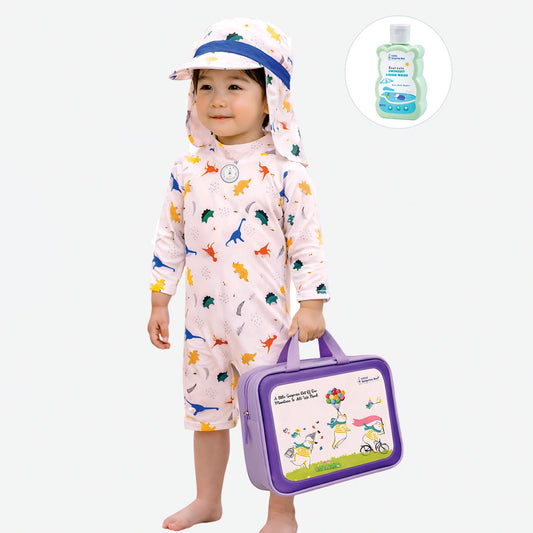 White Dotted Dino World, Toddlers & Kids Swimwear with long Cap Free Wash Bag & Free Swim Detergent - Little Surprise Box