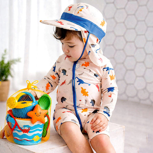 White Dotted Dino World, Toddlers & Kids Swimwear with long Cap Free Wash Bag & Free Swim Detergent - Little Surprise Box