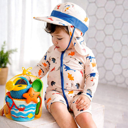 White Dotted Dino World, Toddlers & Kids Swimwear with long Cap Free Wash Bag & Free Swim Detergent - Little Surprise Box