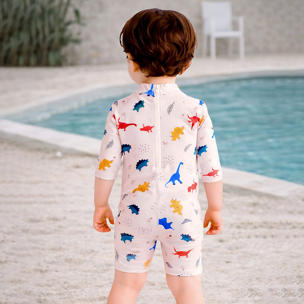 White Dotted Dino World, Toddlers & Kids Swimwear with long Cap Free Wash Bag & Free Swim Detergent - Little Surprise Box