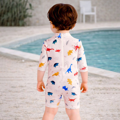 White Dotted Dino World, Toddlers & Kids Swimwear with long Cap Free Wash Bag & Free Swim Detergent - Little Surprise Box