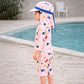 White Dotted Dino World, Toddlers & Kids Swimwear with long Cap Free Wash Bag & Free Swim Detergent - Little Surprise Box