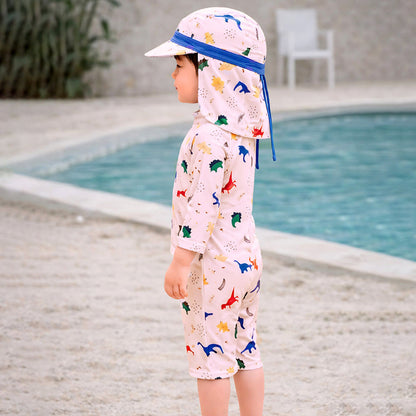 White Dotted Dino World, Toddlers & Kids Swimwear with long Cap Free Wash Bag & Free Swim Detergent - Little Surprise Box