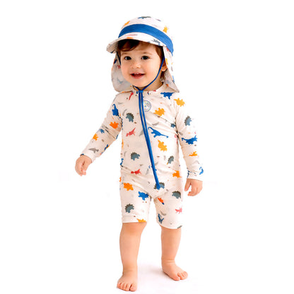 White Dotted Dino World, Toddlers & Kids Swimwear with long Cap Free Wash Bag & Free Swim Detergent - Little Surprise Box