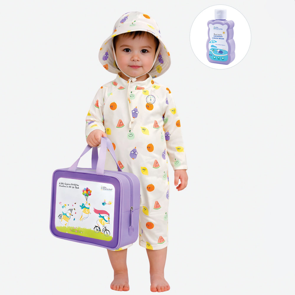Beige Fruit Emoji, Toddlers & Kids Swimwear with matching Hat, Free Wash Bag & Free Swim Detergent - Little Surprise Box