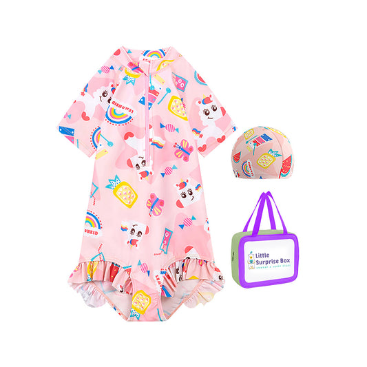 Pink Fruits and Rainbow Kids Swimwear UPF 50+ with matching Swim Cap & Free Washbag - Little Surprise Box