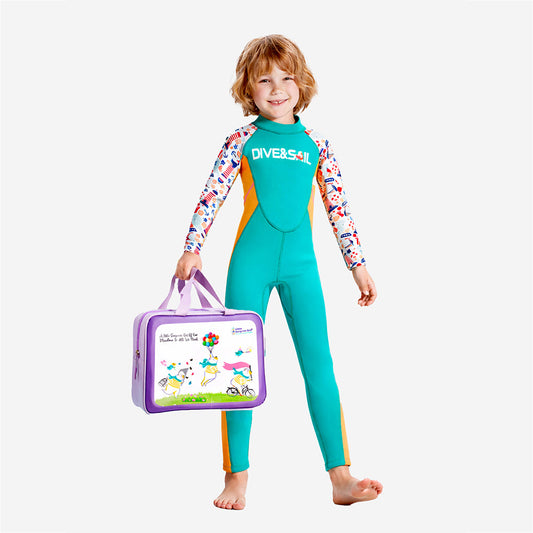 Dive Green Nautical Printed Full Length 2.5mm Neoprene Kids Swimsuit with Free Washbag - Little Surprise Box