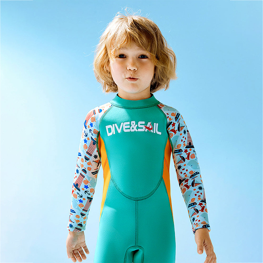 Dive Green Nautical Printed Full Length 2.5mm Neoprene Kids Swimsuit with Free Washbag - Little Surprise Box