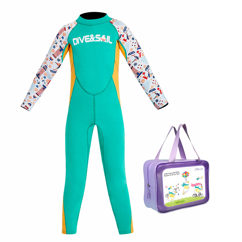 Dive Green Nautical Printed Full Length 2.5mm Neoprene Kids Swimsuit with Free Washbag - Little Surprise Box
