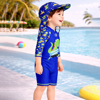 Green Blue Dino Splash, Toddlers & Kids Swimwear with long Cap Free Wash Bag & Free Swim Detergent - Little Surprise Box