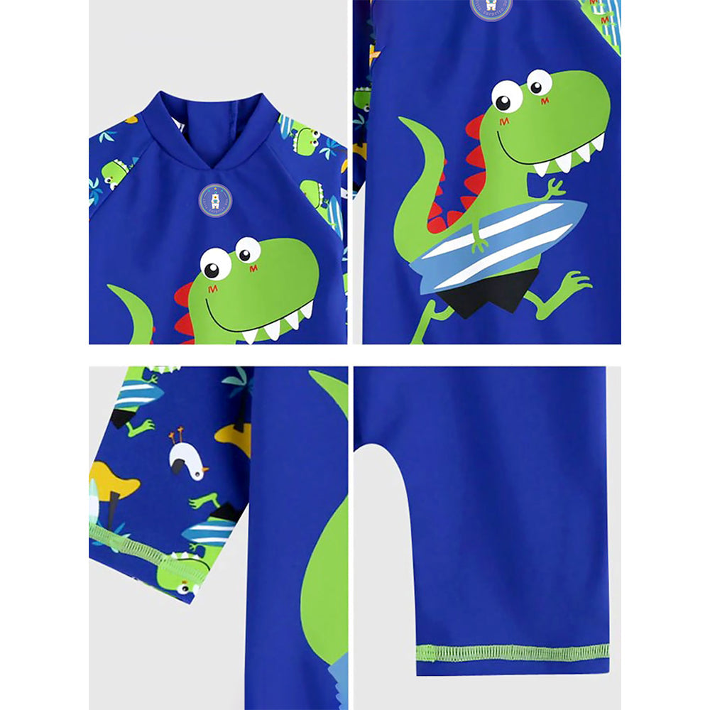 Green Blue Dino Splash, Toddlers & Kids Swimwear with long Cap Free Wash Bag & Free Swim Detergent - Little Surprise Box