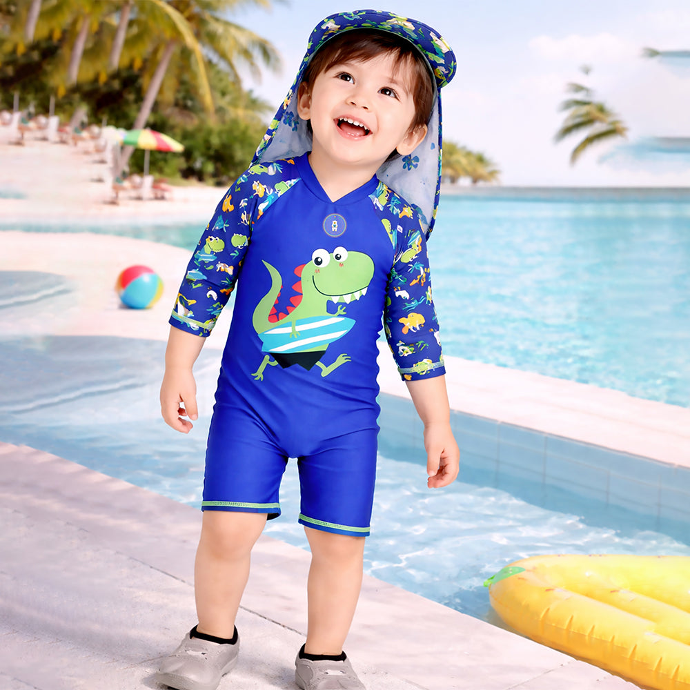 Green Blue Dino Splash, Toddlers & Kids Swimwear with long Cap Free Wash Bag & Free Swim Detergent - Little Surprise Box