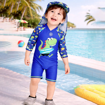 Green Blue Dino Splash, Toddlers & Kids Swimwear with long Cap Free Wash Bag & Free Swim Detergent - Little Surprise Box