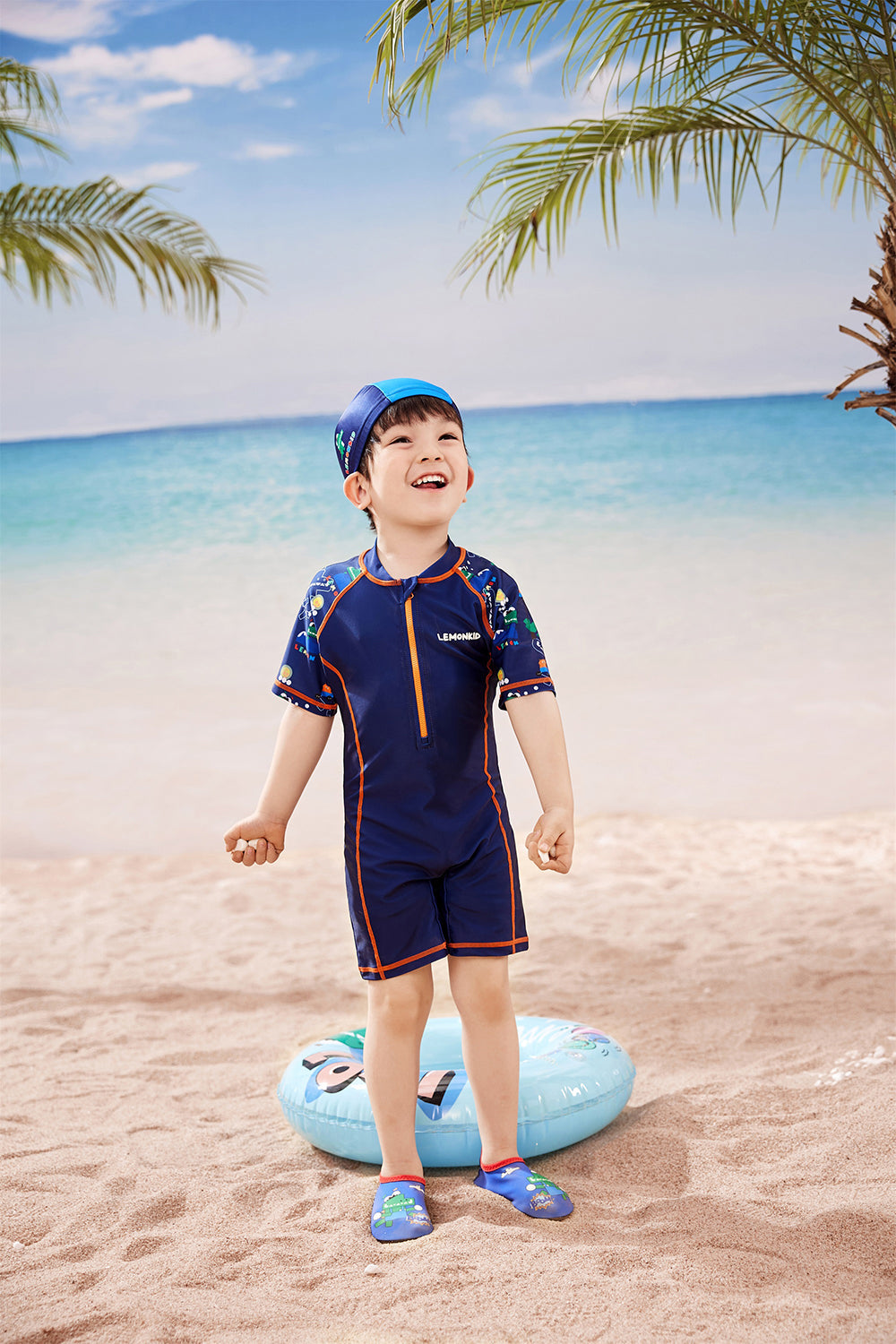Dark Blue Geometric Alligator Kids Swimwear UPF 50+ with matching Swim Cap & Free Washbag - Little Surprise Box