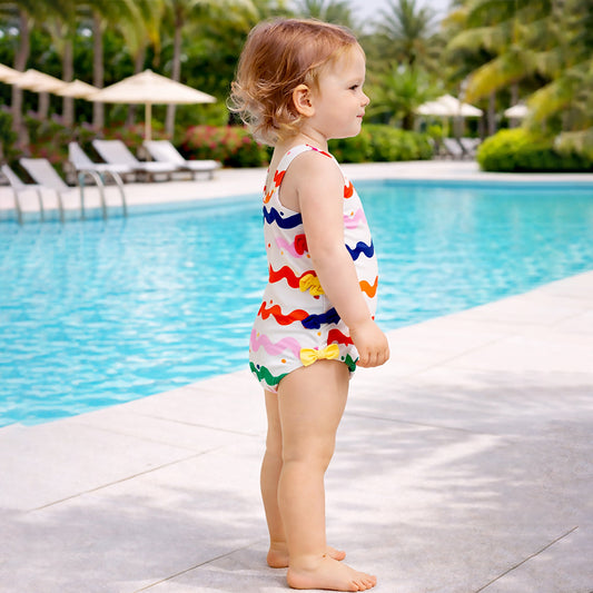 Multi Bows & Waves, Toddlers & Kids Swimwear with matching Swim Cap, plus Free Wash Bag & Free Swim Detergent - Little