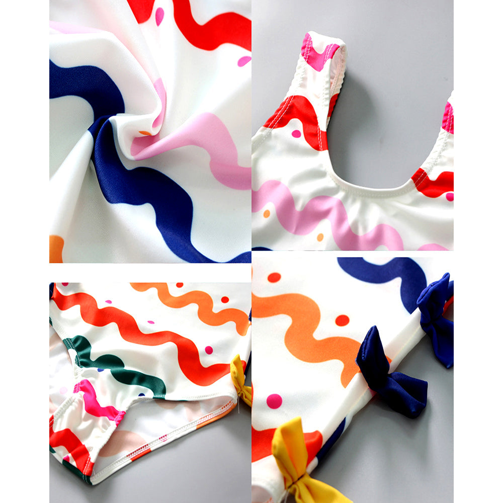 Multi Bows & Waves, Toddlers & Kids Swimwear with matching Swim Cap, plus Free Wash Bag & Free Swim Detergent - Little