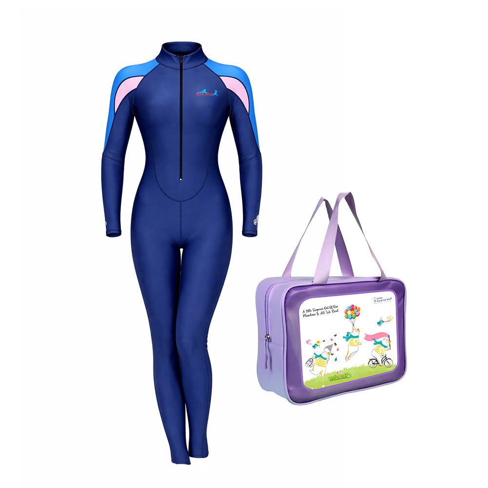 Full Length Navy Blue Stirrup Foot Loop, Teens and Womens Swimwear in UPF 50+ with Free Washbag - Little Surprise Box