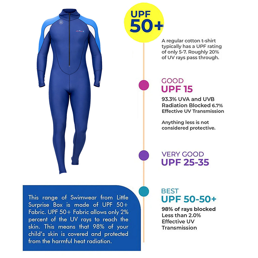 Full-Length Navy Blue Hood & Stirrup Foot Loop, Teens and Mens Swimwear in UPF 50+ with Free Washbag - Little Surprise Box