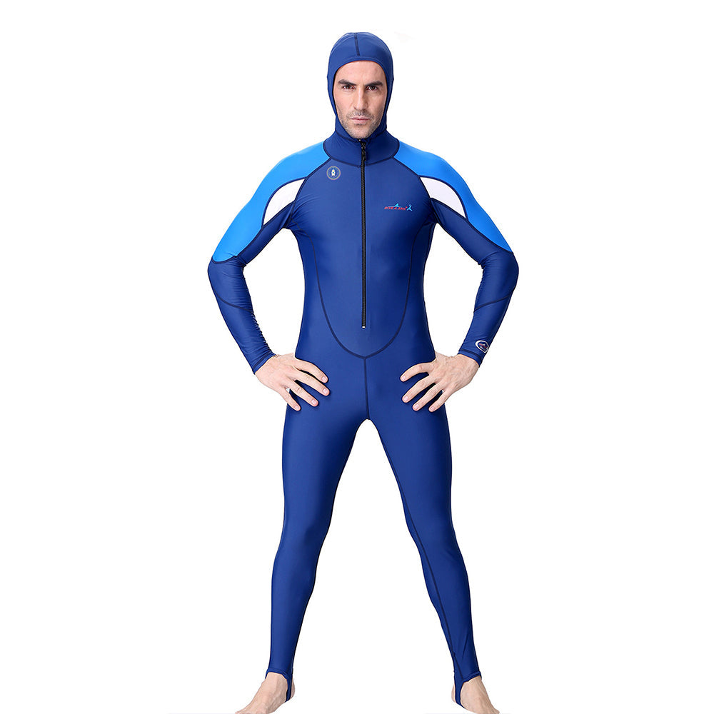 Full-Length Navy Blue Hood & Stirrup Foot Loop, Teens and Mens Swimwear in UPF 50+ with Free Washbag - Little Surprise Box