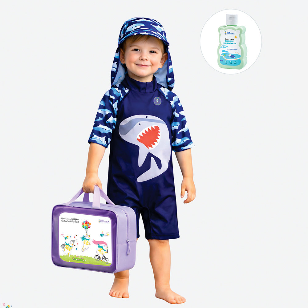 Navy Shark, Toddlers & Kids Swimwear with long Cap Free Wash Bag & Free Swim Detergent - Little Surprise Box
