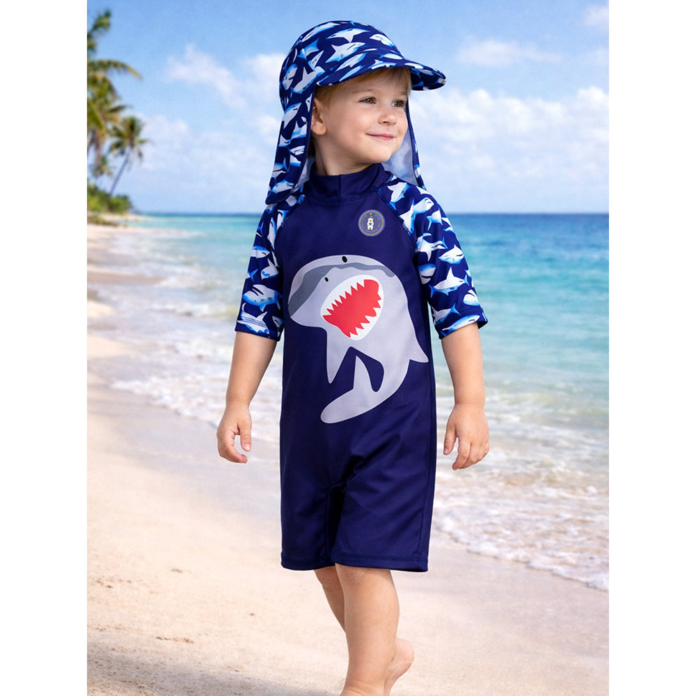 Navy Shark, Toddlers & Kids Swimwear with long Cap Free Wash Bag & Free Swim Detergent - Little Surprise Box