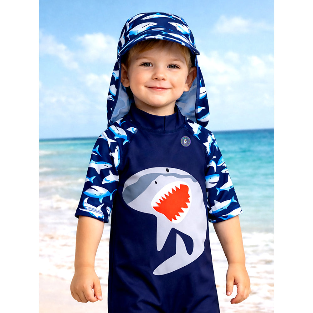Navy Shark, Toddlers & Kids Swimwear with long Cap Free Wash Bag & Free Swim Detergent - Little Surprise Box