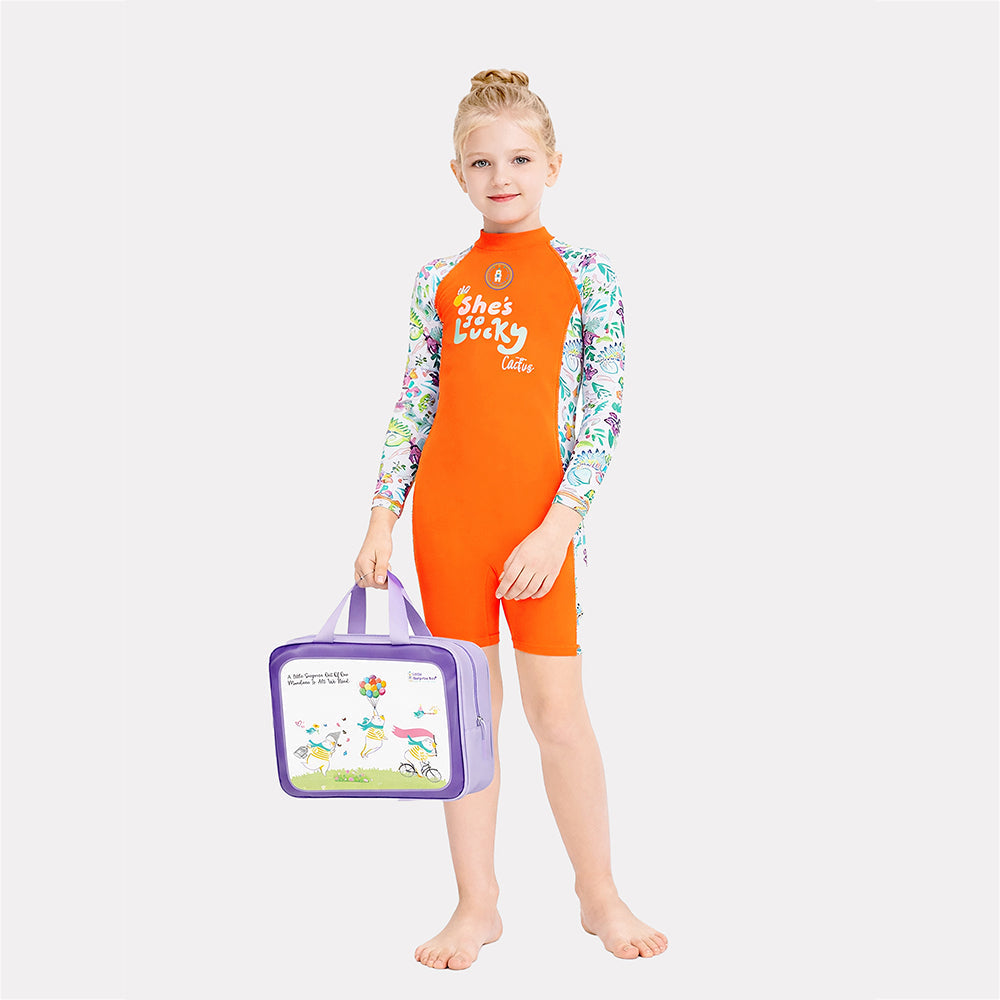 Orange “She's So Lucky” Printed Full Sleeves, Knee Length Kids Swimwear in Upf 50+ Fabric with Swim Cap & Free Washbag -